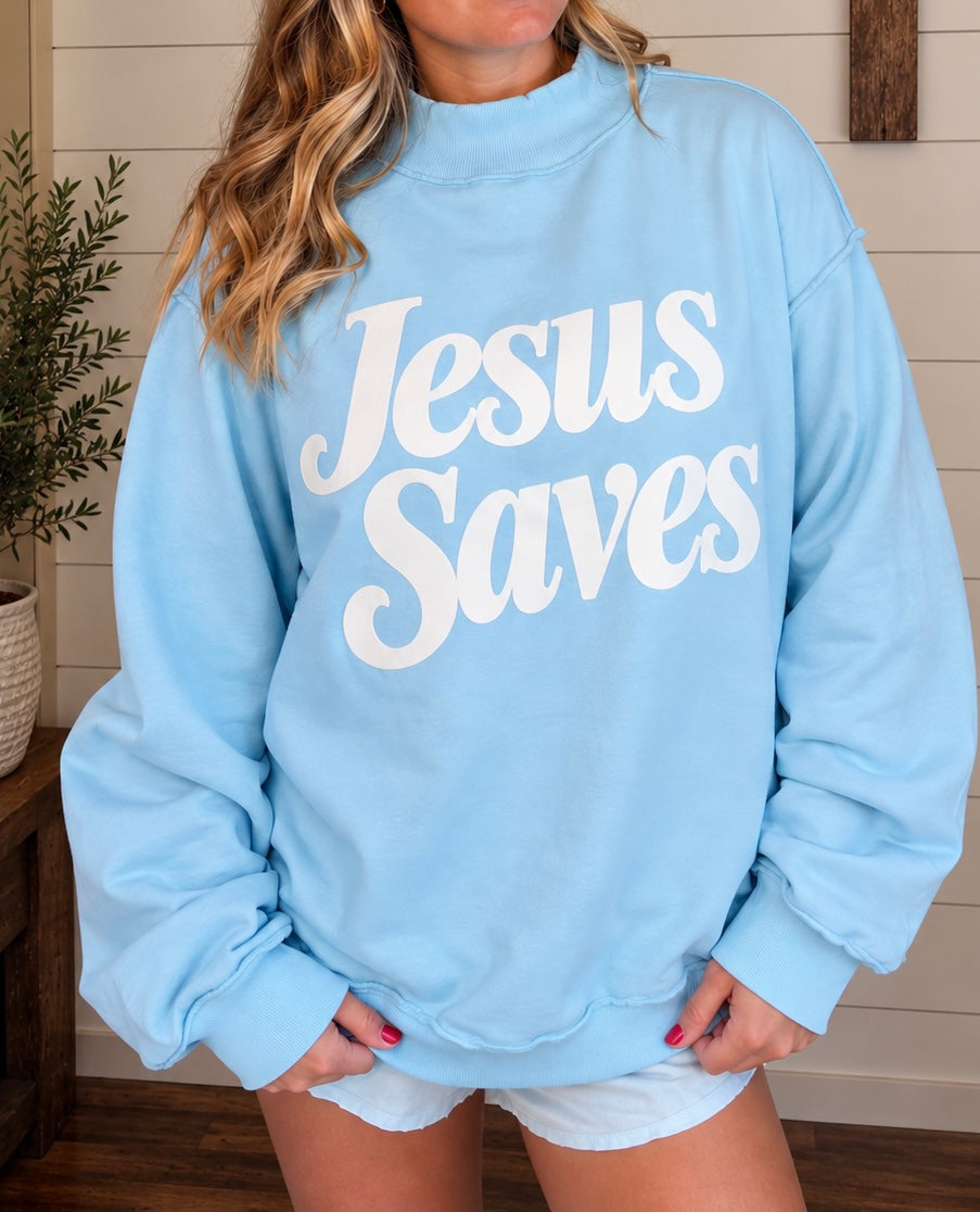 Jesus Saves Mock Neck Baggy Sweatshirt