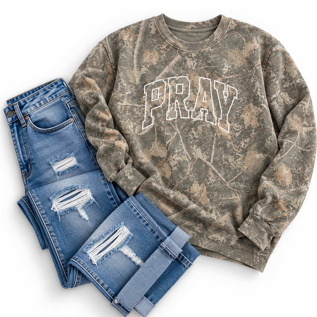 PRAY Embroidered Camo Crewneck